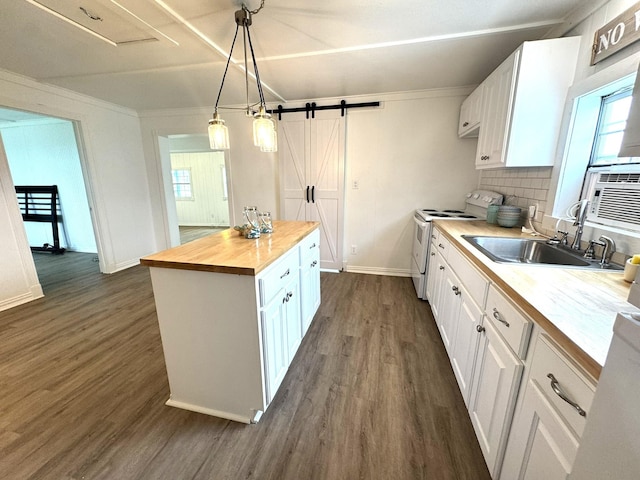 kitchen featuring white cabinets, electric stove, wooden counters, and dark wood-style floors