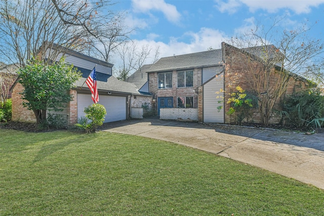 view of front of property featuring concrete driveway, a shingled roof, a front yard, a garage, and brick siding