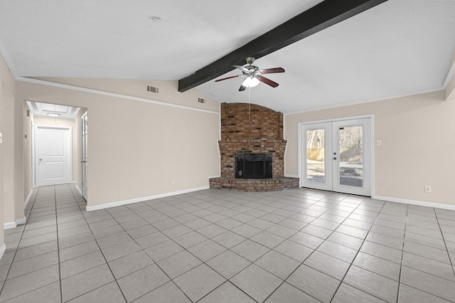 unfurnished living room with lofted ceiling with beams, visible vents, a ceiling fan, a brick fireplace, and light tile patterned floors