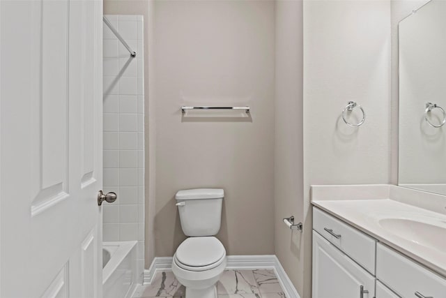 full bath with baseboards, vanity, toilet, marble finish floor, and bathing tub / shower combination
