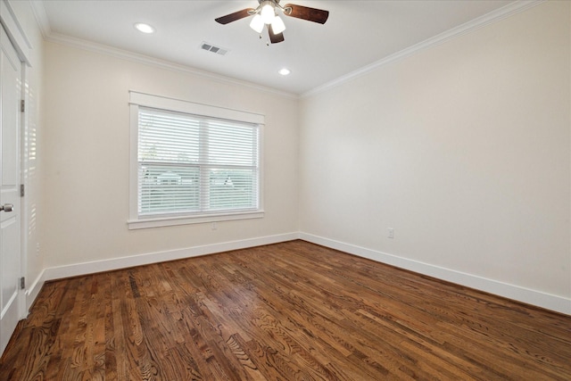 unfurnished room featuring a ceiling fan, baseboards, crown molding, and visible vents