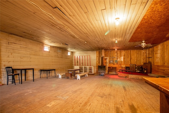 miscellaneous room featuring wooden ceiling, wood finished floors, a wood stove, a ceiling fan, and wooden walls