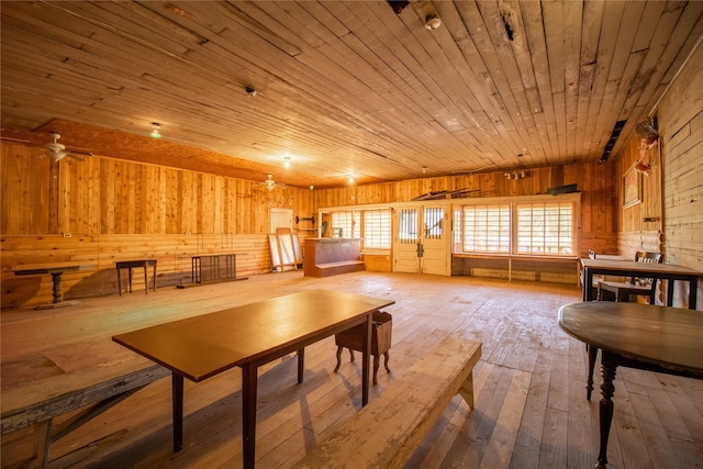 dining area with hardwood / wood-style floors, ceiling fan, wooden walls, and wood ceiling
