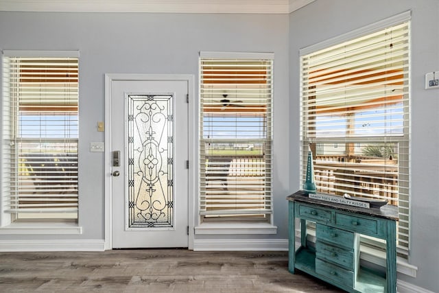 foyer with plenty of natural light, wood finished floors, baseboards, and crown molding