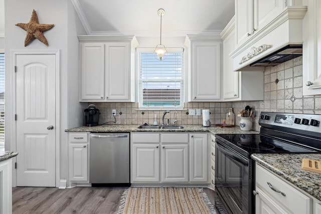 kitchen featuring crown molding, custom exhaust hood, a sink, dishwasher, and electric range