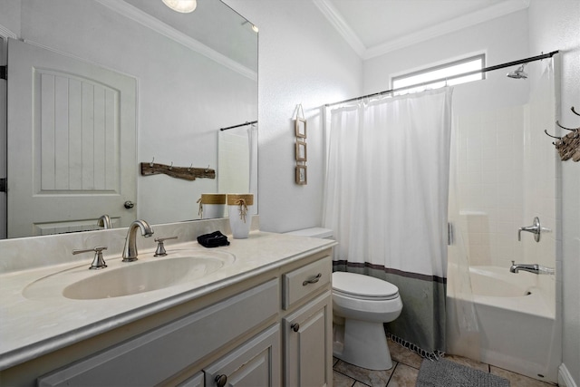 bathroom with tile patterned floors, toilet, vanity, shower / tub combo with curtain, and crown molding
