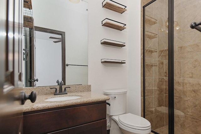 bathroom featuring vanity, a stall shower, and toilet