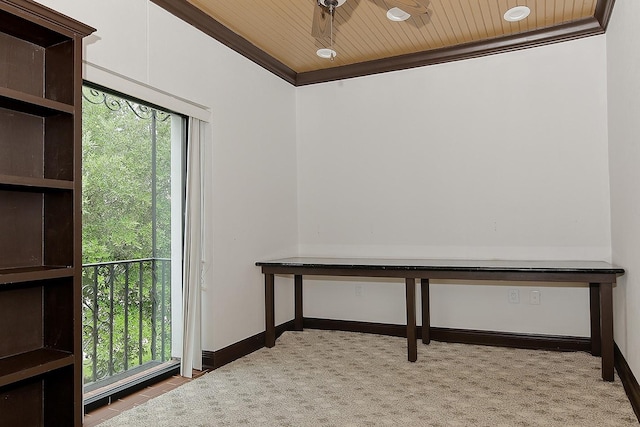 office with crown molding, a ceiling fan, plenty of natural light, and wood ceiling
