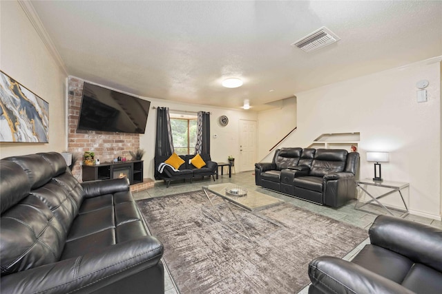 living room featuring stairway, visible vents, crown molding, and baseboards