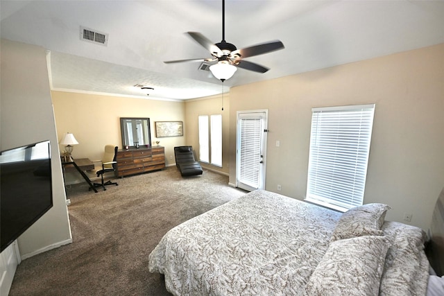 6729 Tournament Dr, Houston, TX 77069 - bedroom with carpet, ornamental molding, and a ceiling fan