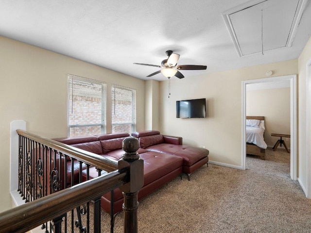6729 Tournament Dr, Houston, TX 77069 - carpeted living room with attic access and ceiling fan
