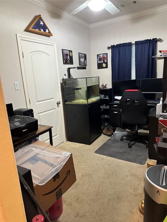 office with visible vents, ceiling fan, ornamental molding, and light carpet