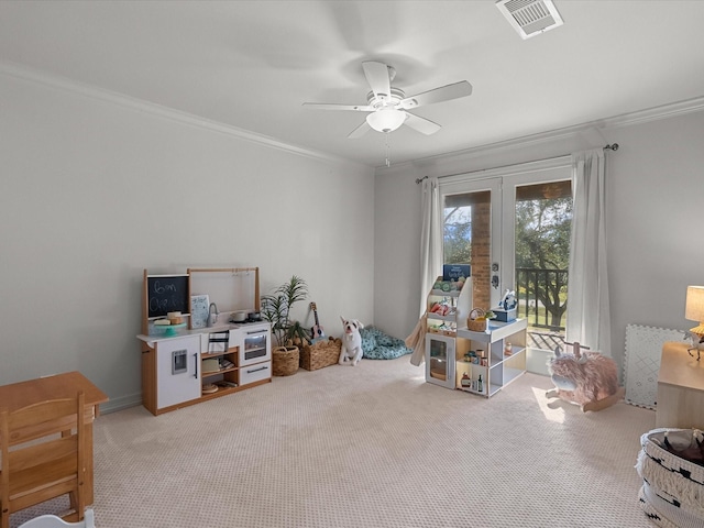 3003 Sky Ranch Dr, Alvin, TX 77511 - carpeted living room with ornamental molding and ceiling fan