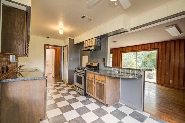 kitchen with ceiling fan, a sink, visible vents, stainless steel range with gas cooktop, and a peninsula