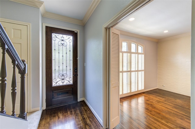 7530 Del Monte Dr, Houston, TX 77063 - entrance foyer with stairway, baseboards, crown molding, and dark wood-style floors