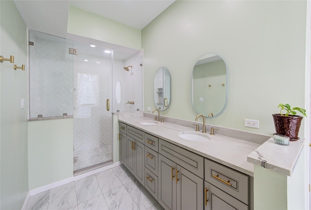 7530 Del Monte Dr, Houston, TX 77063 - bathroom with double vanity, a sink, marble finish floor, and a shower stall