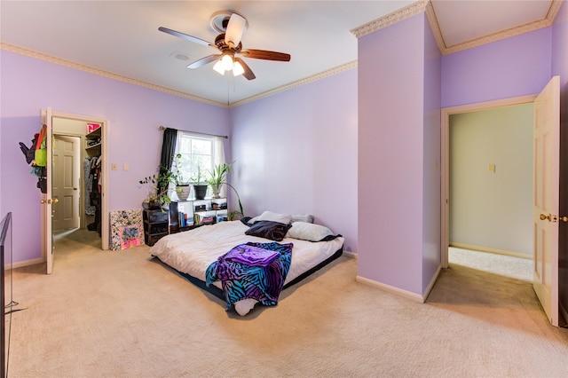 7530 Del Monte Dr, Houston, TX 77063 - bedroom with crown molding, baseboards, a ceiling fan, and light colored carpet