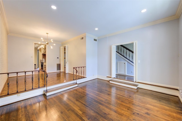 7530 Del Monte Dr, Houston, TX 77063 - empty room featuring crown molding, a chandelier, hardwood / wood-style floors, baseboards, and stairway
