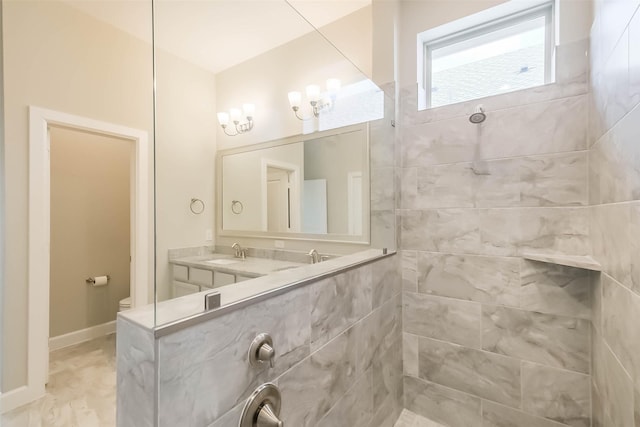 19622 Upper Canyon Ct, Cypress, TX 77433 - full bathroom featuring walk in shower, double vanity, toilet, a sink, and baseboards