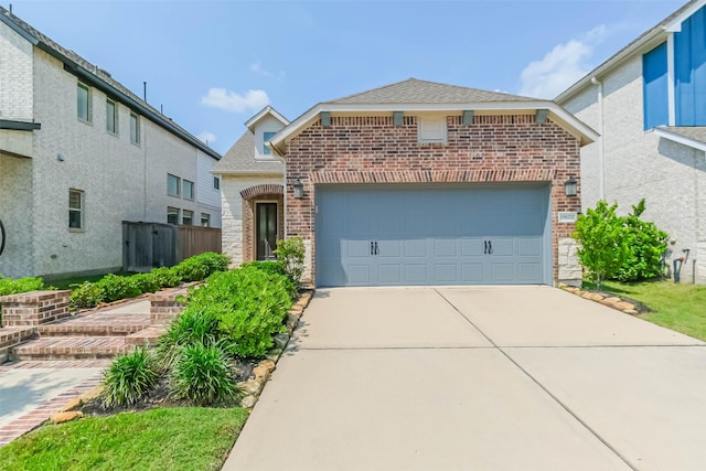 19622 Upper Canyon Ct, Cypress, TX 77433 - view of front of home with brick siding, fence, a shingled roof, a garage, and driveway