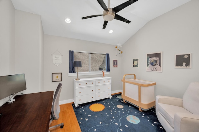 bedroom with a ceiling fan, wood finished floors, baseboards, lofted ceiling, and recessed lighting