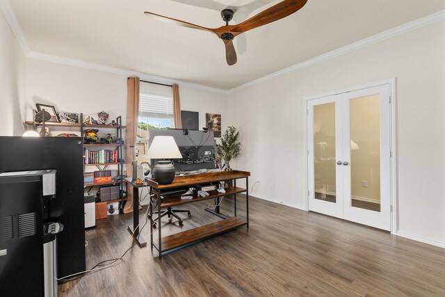 office space with french doors, ceiling fan, wood finished floors, ornamental molding, and baseboards