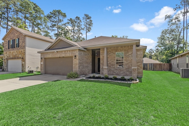 view of front of house featuring driveway, central AC, a garage, and brick siding