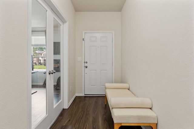 doorway to outside with dark wood-style floors, baseboards, and french doors