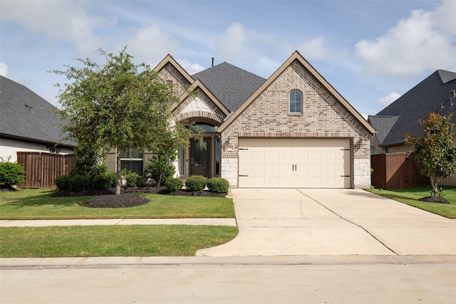 6930 Goldstrum Way, Katy, TX 77493 - french country style house with brick siding, fence, driveway, and a front yard