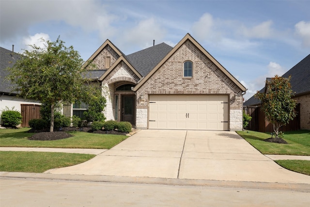 6930 Goldstrum Way, Katy, TX 77493 - french country home featuring driveway, stone siding, a front yard, a garage, and brick siding
