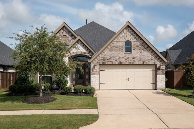 6930 Goldstrum Way, Katy, TX 77493 - french country inspired facade featuring fence, concrete driveway, stone siding, brick siding, and a garage