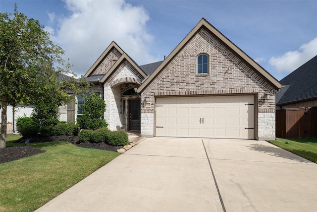 6930 Goldstrum Way, Katy, TX 77493 - french country inspired facade featuring stone siding, concrete driveway, brick siding, a garage, and a front yard