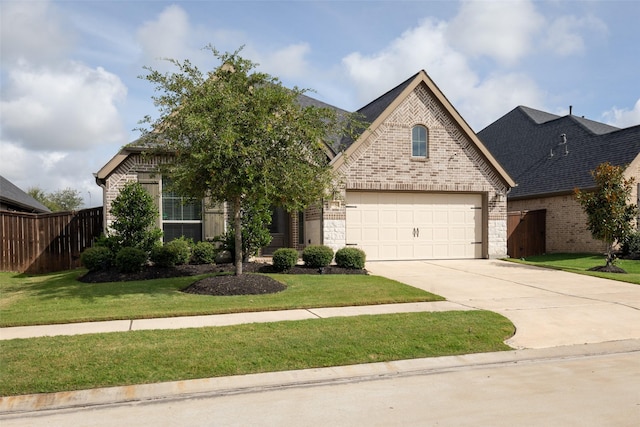 6930 Goldstrum Way, Katy, TX 77493 - view of front of house with a garage, driveway, fence, a front yard, and brick siding
