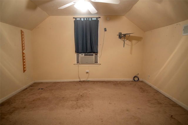additional living space with lofted ceiling, a ceiling fan, baseboards, cooling unit, and carpet flooring