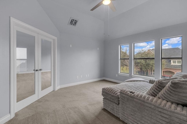 13811 Sugar Dock Ct, Houston, TX 77044 - sitting room with french doors, carpet flooring, lofted ceiling, and ceiling fan