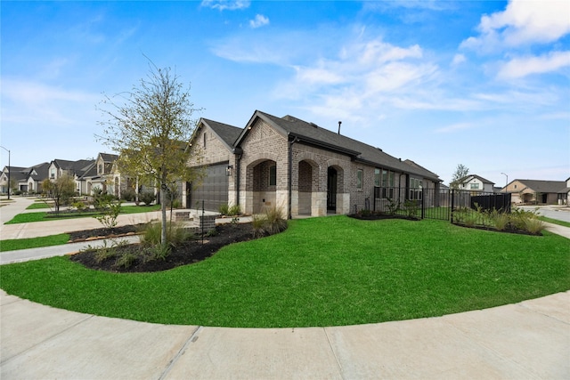 18402 Mesquite Flats Trl, Cypress, TX 77433 - french country home with driveway, brick siding, a garage, a residential view, and stone siding