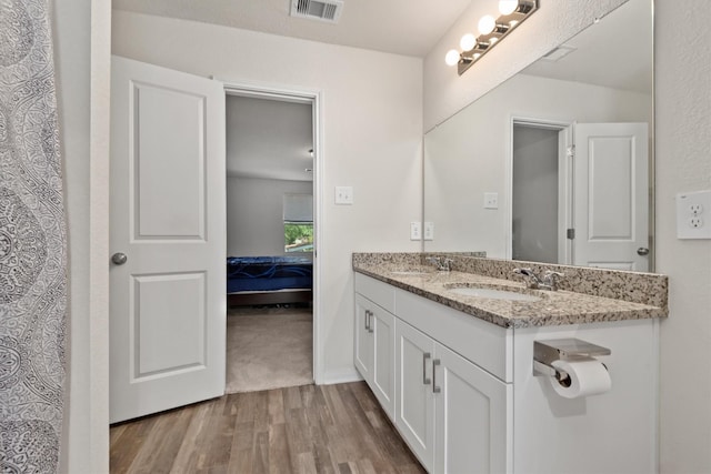 bathroom with wood finished floors, a sink, visible vents, and double vanity
