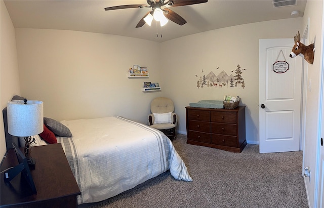 bedroom with visible vents, baseboards, a ceiling fan, and carpet flooring