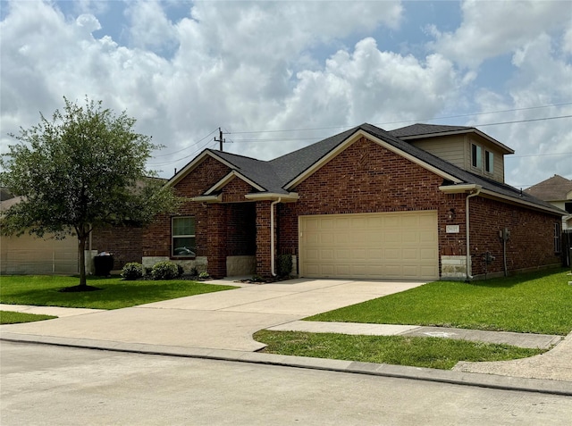 view of front of house featuring concrete driveway, a front lawn, a shingled roof, an attached garage, and brick siding
