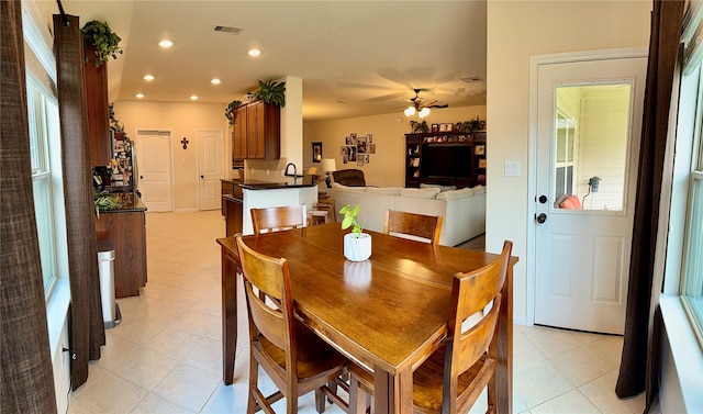 dining area with a ceiling fan, visible vents, and recessed lighting