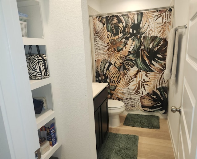 30042 Ousel Falls Ln, Katy, TX 77494 - bathroom with wood finished floors, vanity, toilet, and a shower with shower curtain