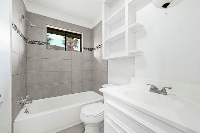 full bathroom featuring shower / bath combination, tile patterned flooring, toilet, and vanity
