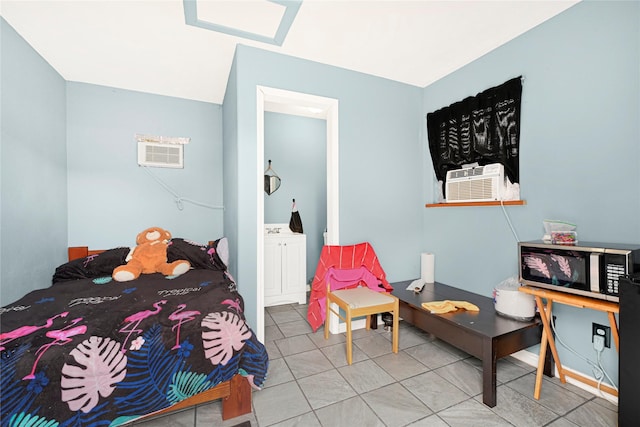 tiled bedroom with visible vents and cooling unit