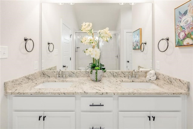 full bath with a sink, double vanity, and a stall shower