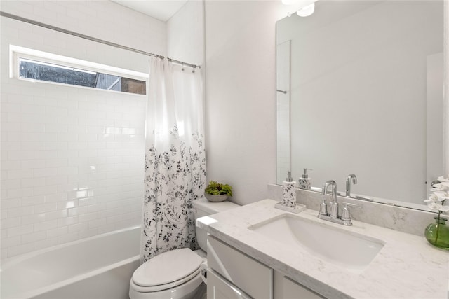 bathroom with vanity, shower / bathtub combination with curtain, and toilet