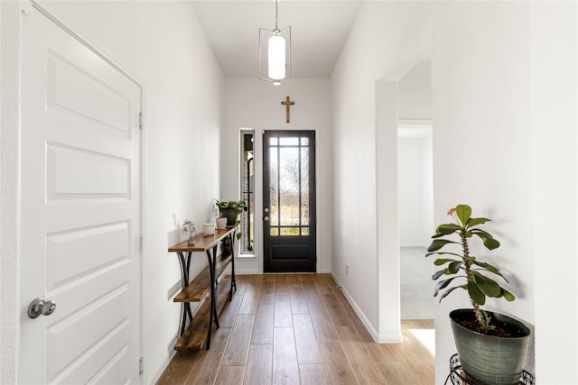foyer entrance featuring baseboards and wood finished floors
