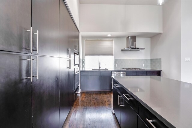 kitchen with dark wood-style floors, a sink, wall chimney exhaust hood, decorative backsplash, and appliances with stainless steel finishes