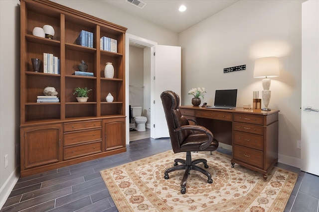 office area with baseboards, wood finish floors, visible vents, and recessed lighting
