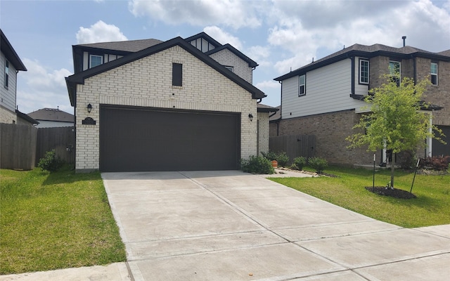 view of front of property featuring concrete driveway, brick siding, fence, and a front lawn