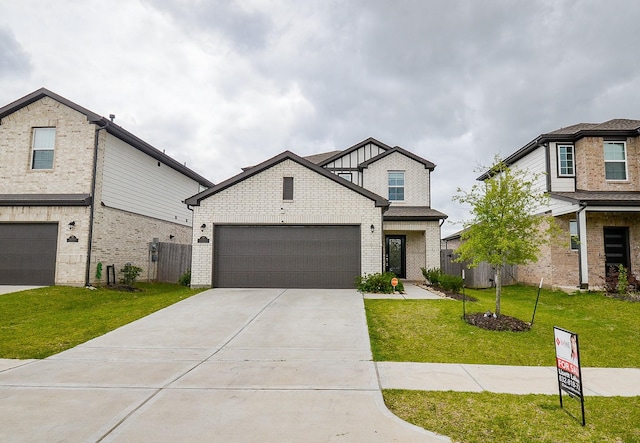 view of front of property featuring brick siding, a garage, a front yard, cooling unit, and concrete driveway